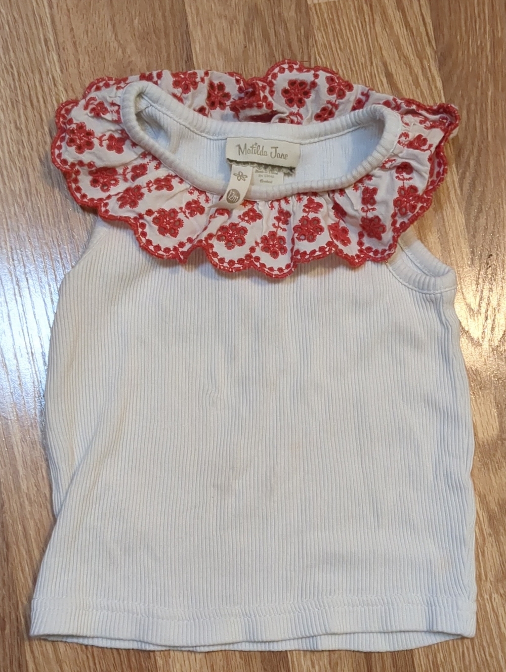 Matilda Jane Girls White Tank Top with Red Floral Ruffle Collar